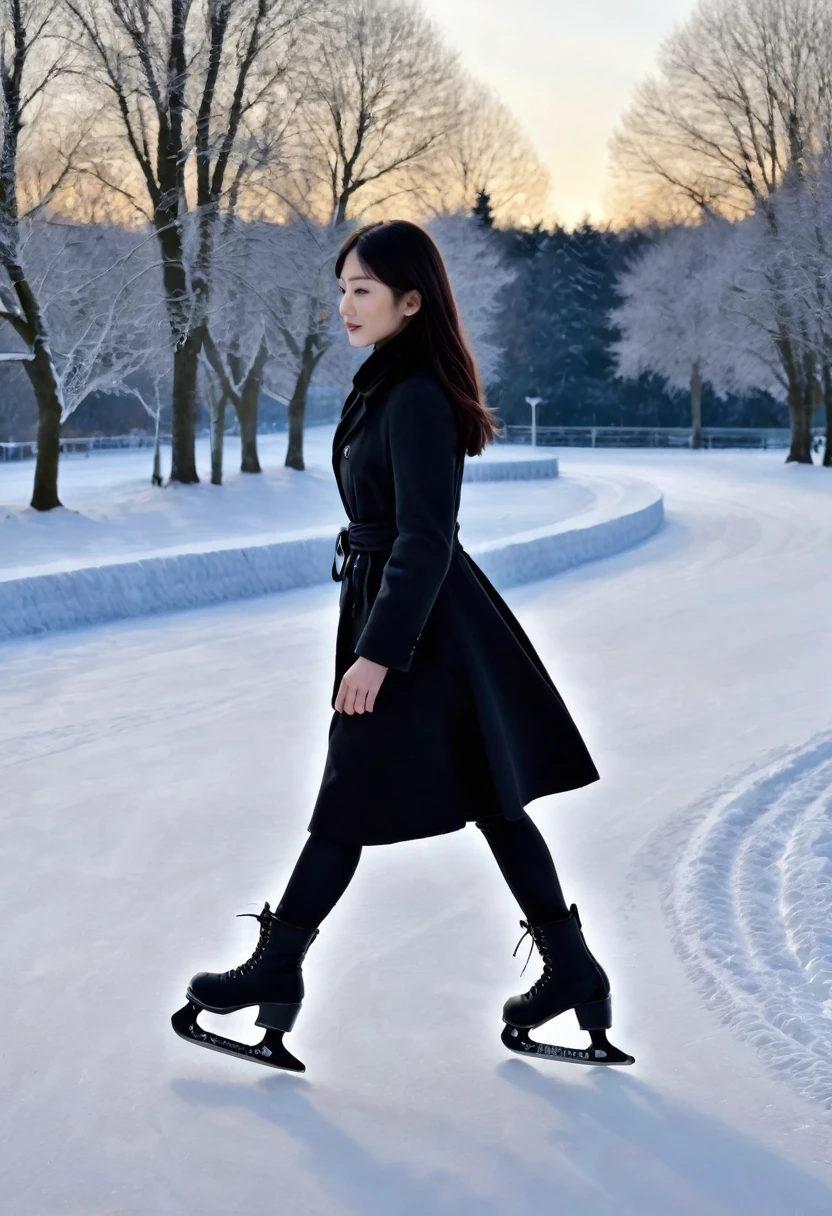 Sublime patineuse sur glace à talons hauts, femme 30ans heureuse et rayonnante, (métisse sino-japonaise)，vêtements noirs，jupe courte noir，Talons extra-hauts noirs，sublime, remarquable, Super Beau，ajuster，Abdos minces，cheveux longs，grande taille，Beau，tir de tout le corps，Clothes are slim-ajusterting，lignes douces，La courbe est évidente，Longues jambes，jambes fines，Porter une queue de cheval haute et longue，tresser，pause dynamique, sur une patinoire en extérieur,  magnifique ciel ensoleillé en hiver 