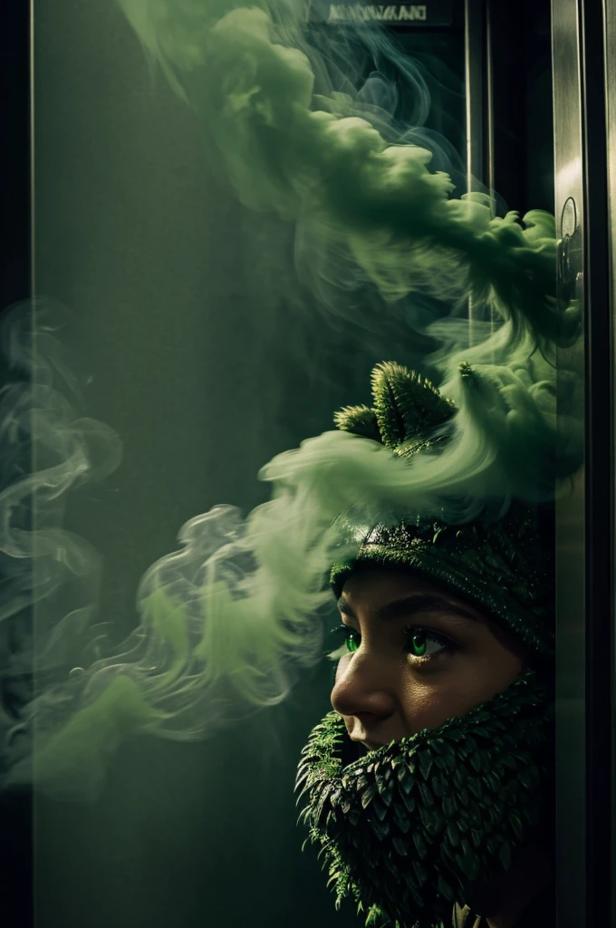 Toothless (detailed eyes and wings) farting (green smoke) in a elevator (common elevator)