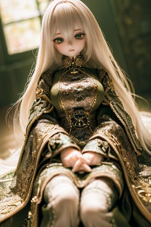 photorealistic, realistic photo, 8k, ((highest quality)), ((masterpiece)), (extremely detailed), kukolnydom, doll, (mature woman:1.7), solo, eye level shot, sitting on sofa, hands on knees, green eyes, (looking down, blank eyes, empty eyes, detailed eyes:1.3), light smile, dress, museum