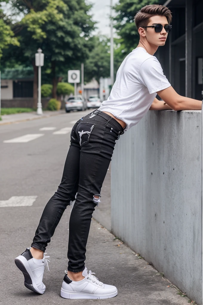 Create a 17year old realistic 3D boy who are stand from backside he ear white tShirt plans and black jeans paint with black sunglasses and sneakers shoes