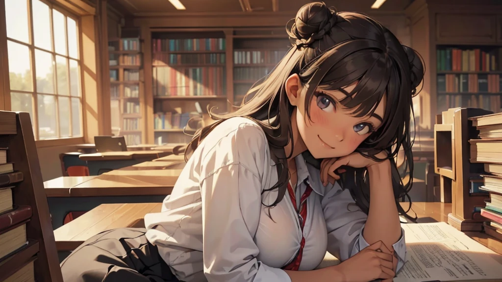 (((Masterpiece, highest quality, high definition, high detail)))), (((modern))), ((Inside college library)), ((standing in library)), (((one girl))), detailed eyes, beautiful face, tomboy, student clothes, girl with dark skin, ((long black hair in a bun)), hazel eyes, blunt bangs, wearing student clothes, student skirt, blushed face, large breasts, (dark skin*0.8), (long brown + wavy hair*1.2), looking at viewer, kind look, smiling sweetly