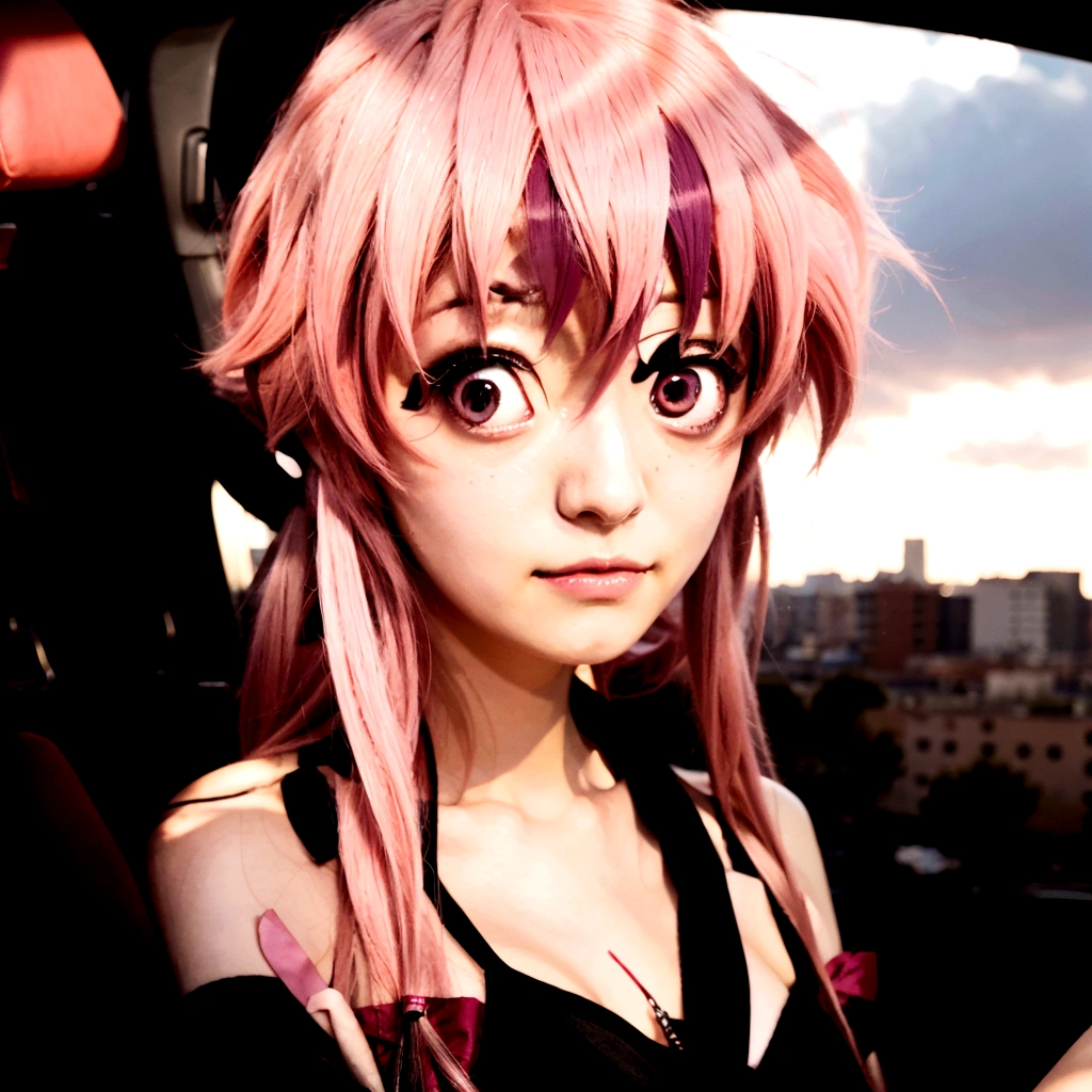 anime girl with pink hair sitting in a car looking at a man, mirai nikki, in the anime film, gasai yuno from mirai nikki, anime girl named gasai yuno from mirai nikki, seductive anime girl, gapmoe yandere, anime style like mirai nikki, an anime girl, female anime character, gasai yuno, gasai yuno, gasai yuno from mirai nikki as an anime character, gasai yumo