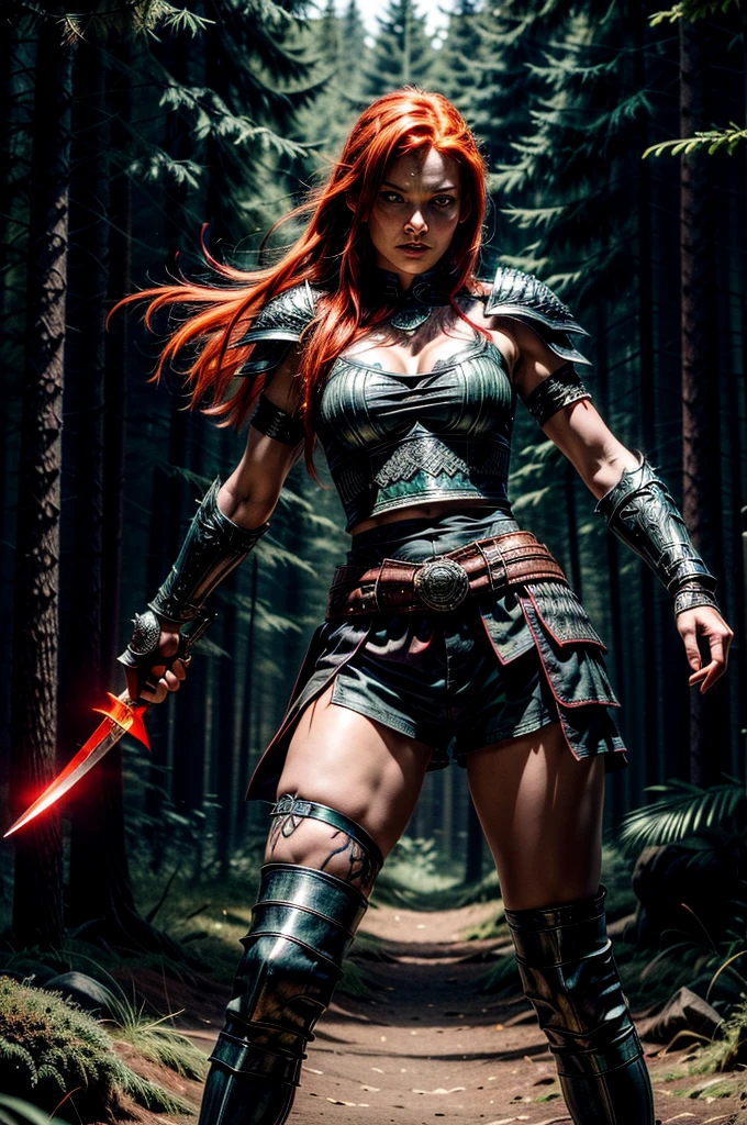 A beautiful nordic female with glowing eyes and fiery red hair stands poised for battle. She wields two curved daggers, green forested background. She dons intricately designed armored gauntlets and shoulders, tribal tattoos on her leg. She wear a torn shorts. Front view.