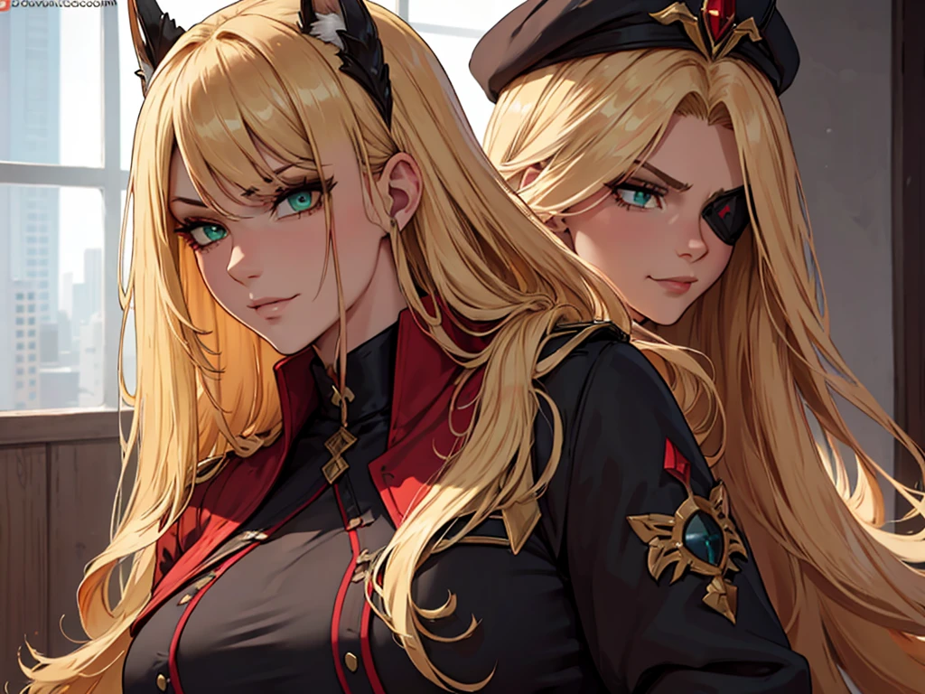 ((masterpiece)), ((best quality)), 1girl, adult, long hair, ((blonde hair)), very long blonde hair, ((intimidant look)), ((close-up)), profile image, green eyes, black and red clothes, sexy, dark colors, brillant eyes, ((coat with fur)), ((wavy hair)), exposed skin, ((sexy pose)), ((intimidant look)), good anatomy, ((dark sage clothes)), ((straight cut bangs)), emotionless, intimidant, ((beautiful eyes)), close up, ((detailed eyes)), beautiful eyes, ((detailed face)), hair bang, frontal look, evil, relaxed, smile, magical goddess othinus, detailed face, eyepatch, full body, ((detailed))