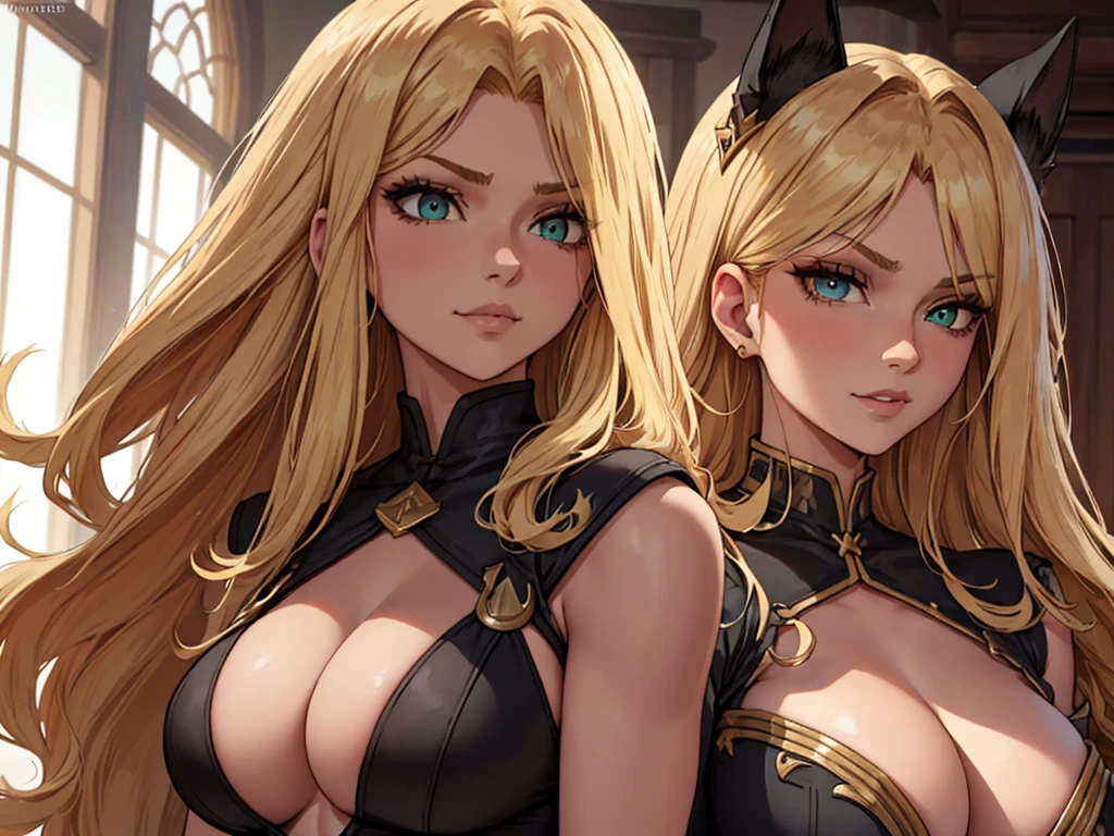 ((masterpiece)), ((best quality)), 1girl, adult, long hair, ((blonde hair)), very long blonde hair, ((intimidant look)), ((close-up)), profile image, green eyes, black and red clothes, sexy, dark colors, brillant eyes, ((coat with fur)), ((wavy hair)), exposed skin, ((sexy pose)), ((intimidant look)), good anatomy, ((dark sage clothes)), ((straight cut bangs)), emotionless, intimidant, ((beautiful eyes)), close up, ((detailed eyes)), beautiful eyes, ((detailed face)), hair bang, frontal look, evil, relaxed, smile, magical goddess othinus, detailed face, eyepatch, full body, ((detailed))