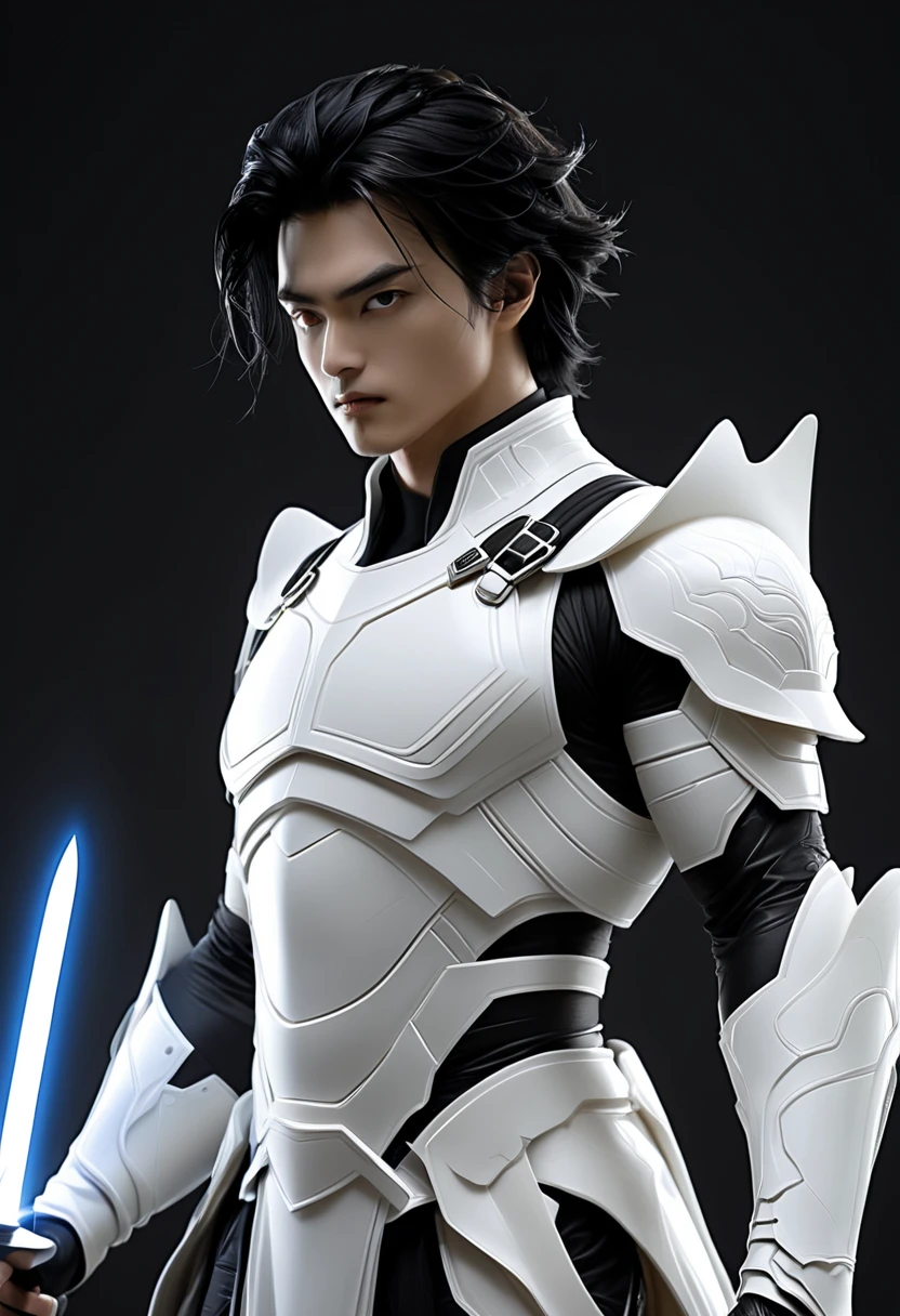 In a future dark and white as porcelain, a relentless warrior emerges, his body painted in shades of black and white, a combination of elegance and lethality. The fusion of darkness and purity reflects the duality of his existence, a mix of humanity and machine.
in attack position, This warrior from the future stands out in the darkness, his black cybernetic armor standing out against porcelain white skin.. Every detail of its appearance is meticulously designed, inspired by minimalism and the strength of contrasts. His face, framed by black hair, exudes determination and mystery.
Holding his power saber in one hand, the white light emanating from the blade cuts through the darkness, leaving a trail of flashes that mark their combat position. The elegance of his movement contrasts with the brutality of his attack. With a balanced and agile posture, prepares to face the threats of the dystopian future.