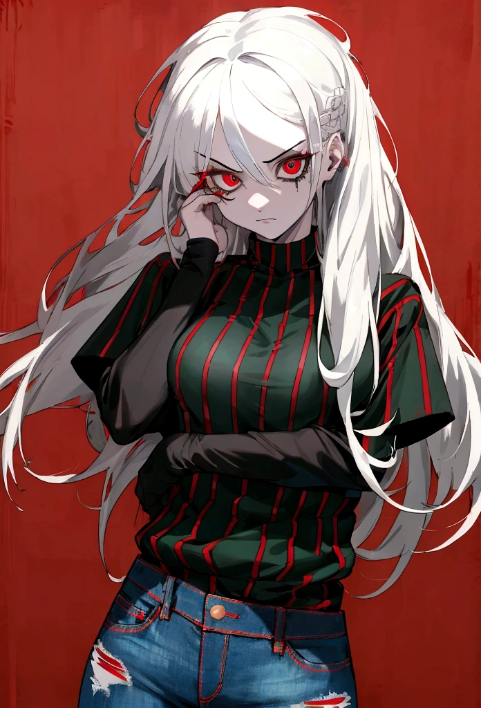 a menacing girl with white hair and red eyes, wearing distressed blue jeans, a black and red striped t-shirt, and a green coat, posing against a Red background, menacing look, (best quality,4k,8k,highres,masterpiece:1.2),ultra-detailed, dark fantasy