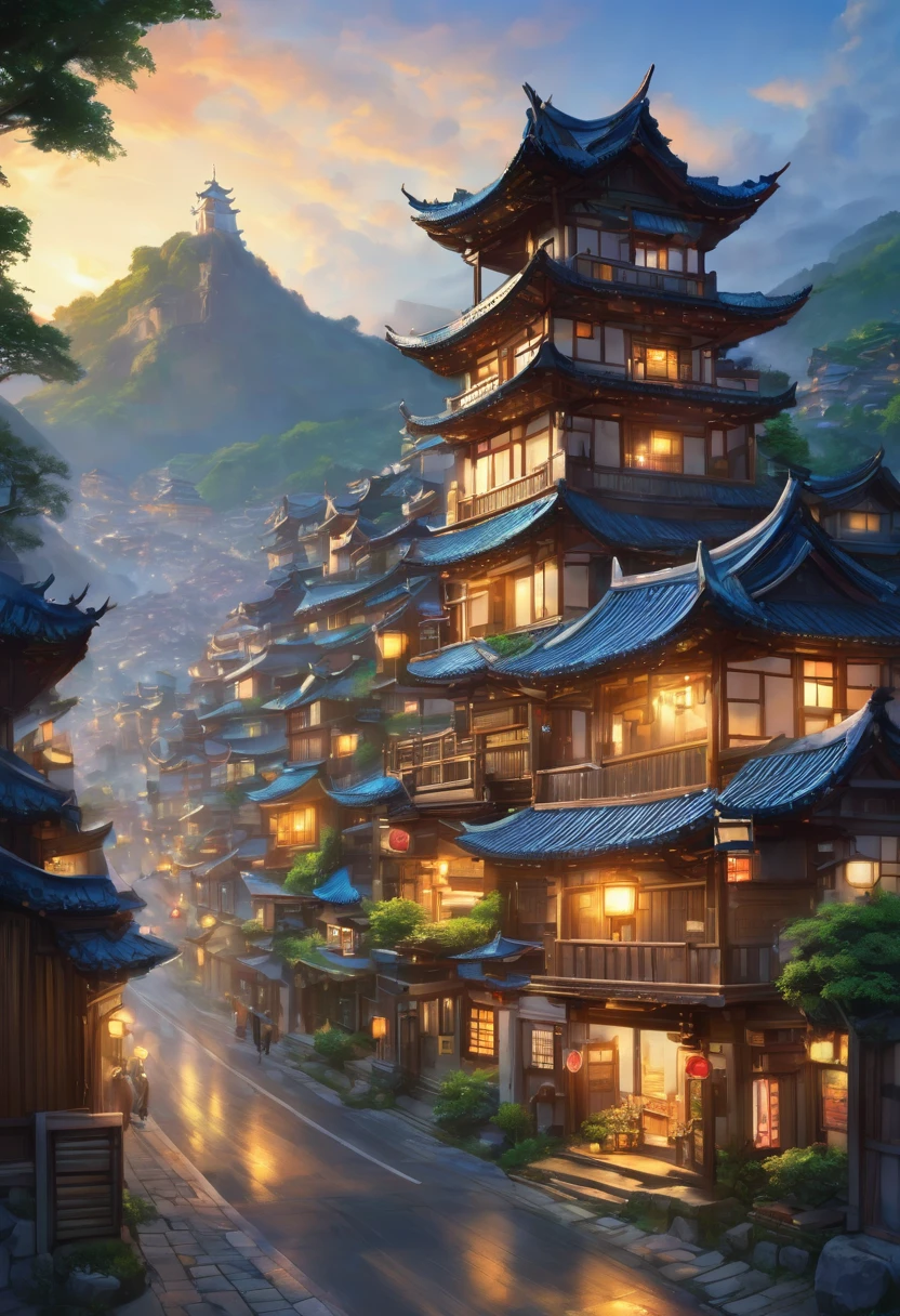 (absurd, high resolution, Extremely detailed, Human Development Report), masterpiece, best quality, Mana Town legend, 圣Light黎明控制台, Portrait of a place, Nostalgic place, town of Light, detailed landscape,  in a Mana Town legend, Light, Location Town, landscape, Professional photos, path town detailed landscape, Detailed background