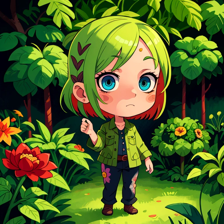 chibi, zombie vs plants, wide shot, full body, detailed portrait, beautiful detailed eyes, extremely detailed face, colorful garden, vibrant colors, warm lighting, digital painting, 8k, hyperrealistic, cinematic, intricate details, masterpiece, anime screencap,