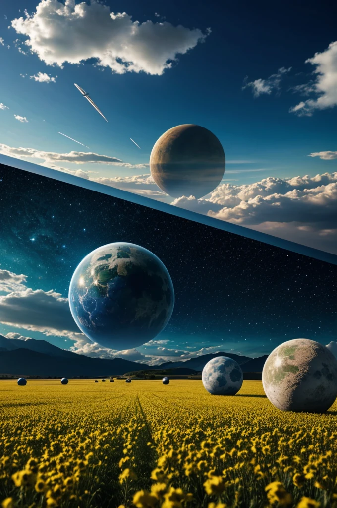 Image of three universes, one destroyed, another in a field and another in a futuristic one