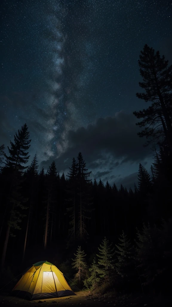 A dense, dark forest at night. Tall trees and deep shadows create a gloomy environment.
A small bonfire in the background, with tents around it, suggesting a camp.
The starry sky visible between the treetops, but with dark clouds suggesting the approach of a storm,
A tall creature, with thick black fur, half man, half wolf.
Bright, yellow eyes, reflecting the flashlight light.
Sharp claws and teeth exposed in a menacing growl.
Aggressive posture, about to attack.