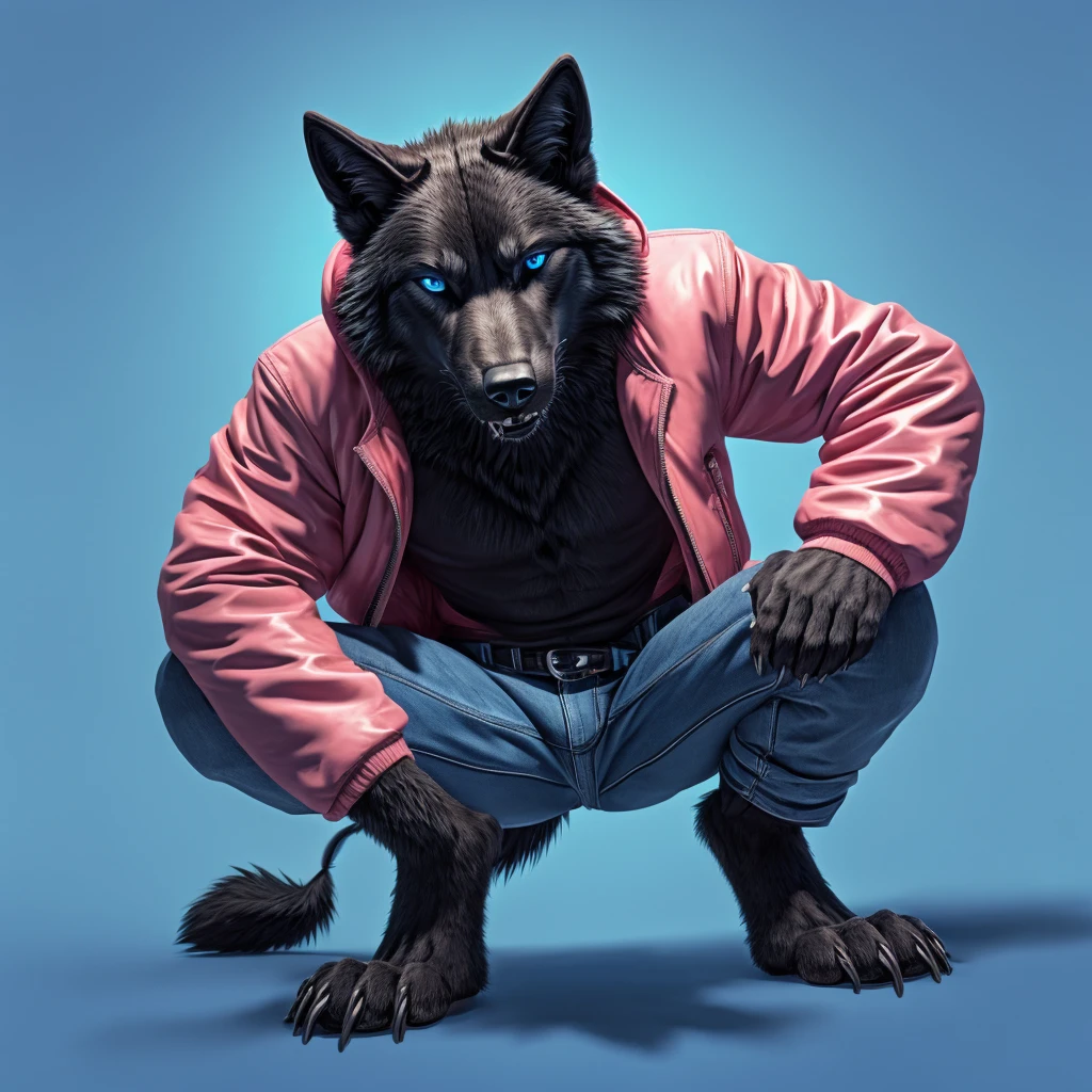 Perspective from below male black wolf legs apart looking down blue background squatting pose blue eyes serious look claws on knees fluffy tail scars growling salivating jeans and pink jacket