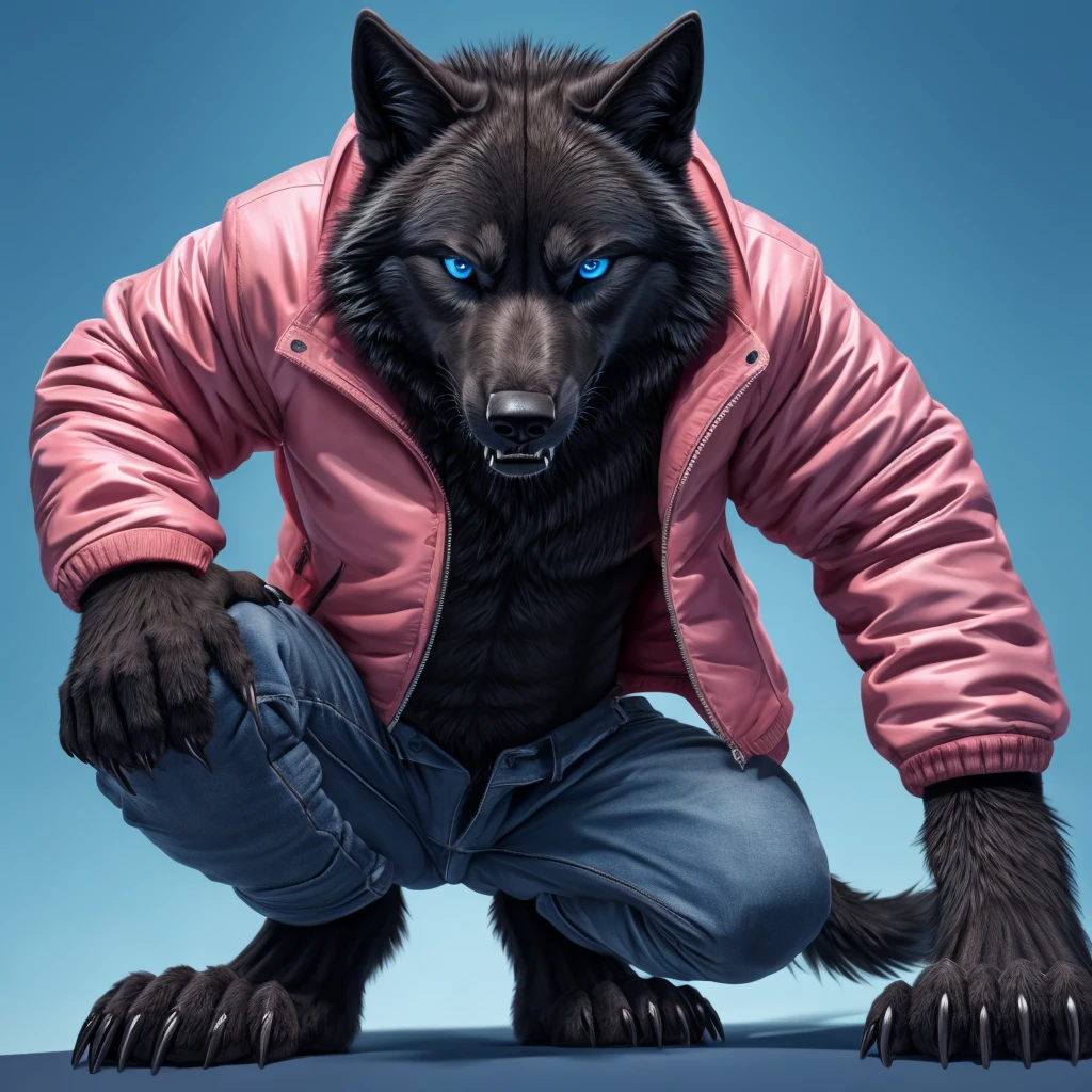 Perspective from below male black wolf legs apart looking down blue background squatting pose blue eyes serious look claws on knees fluffy tail scars growling salivating jeans and pink jacket 