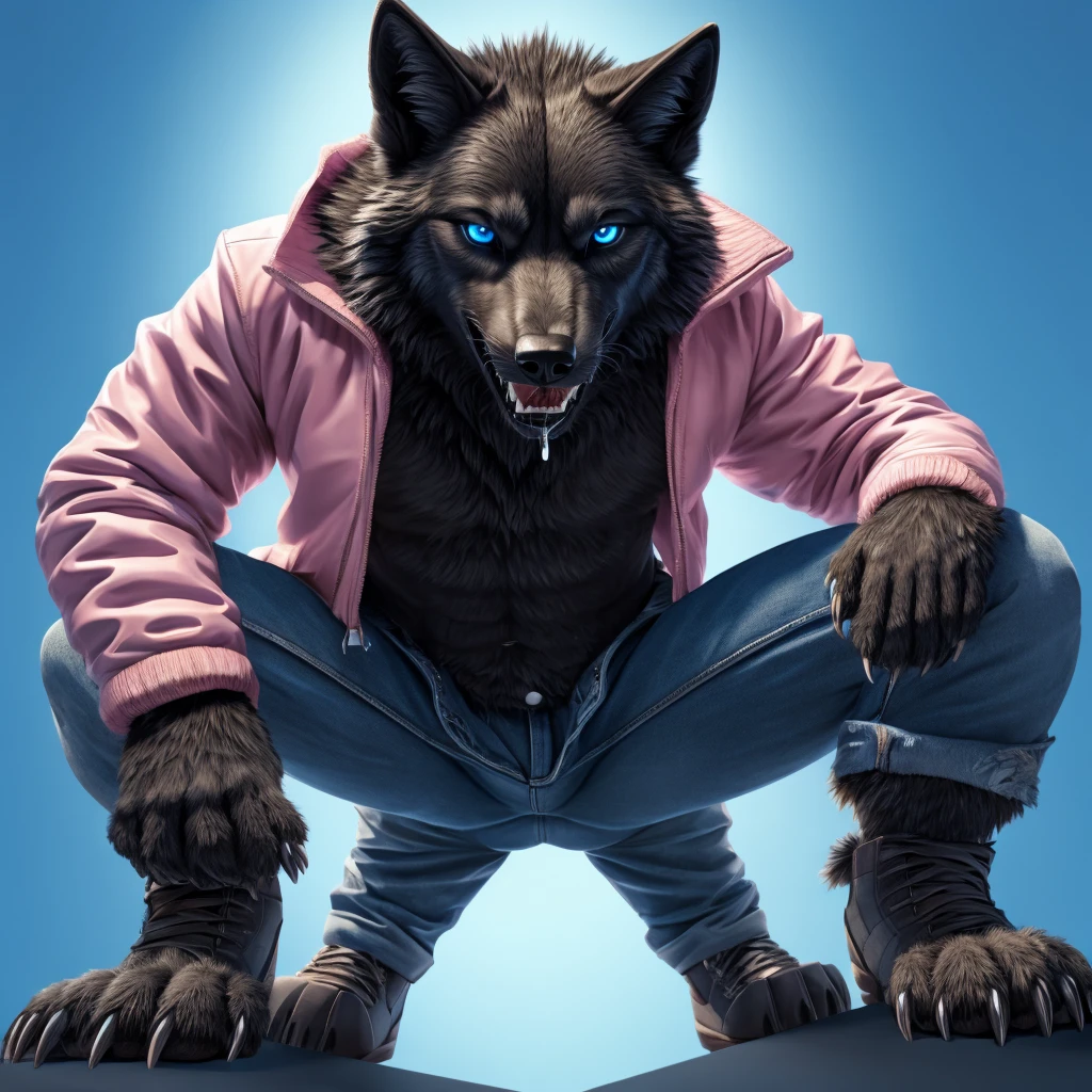 Perspective from below male black wolf legs apart looking down blue background squatting pose blue eyes serious look claws on knees fluffy tail scars growling salivating jeans and pink jacket