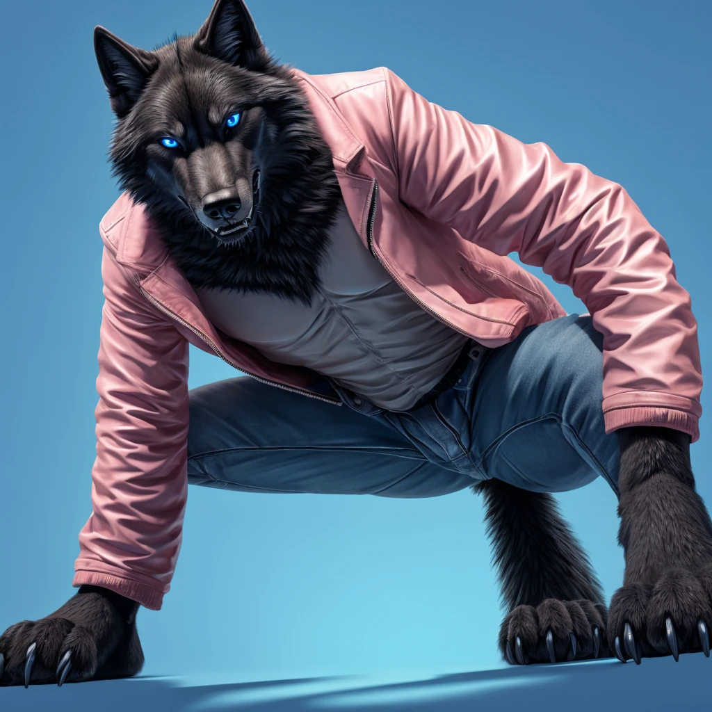 Perspective from below male black wolf legs apart looking down blue background squatting pose blue eyes serious look claws on knees fluffy tail scars growling salivating jeans and pink jacket 