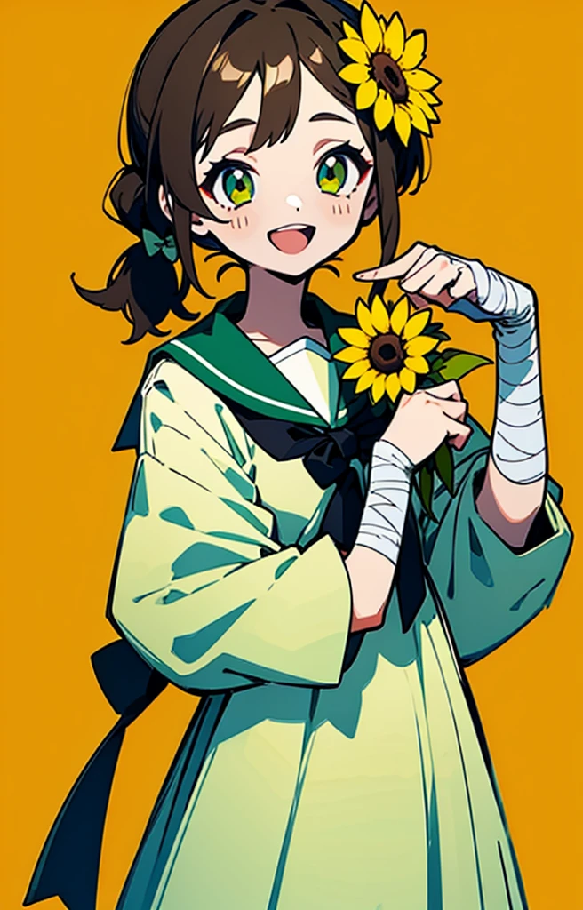 1 Girl，Brown side ponytail，Green eyes，bow tie，Sailor Suit，Holding a small sunflower flower，bandage on hands，Flat painting style，Simple background，beautiful eyes，Highest quality，Open mouth smile