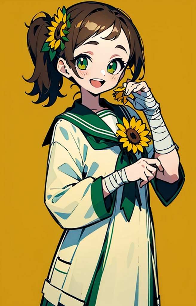 1 Girl,Brown side ponytail,Green eyes,bow tie,Sailor Suit,Holding a small sunflower flower,bandage on hands,Flat painting style,Simple background,beautiful eyes,Highest quality,Open mouth smile