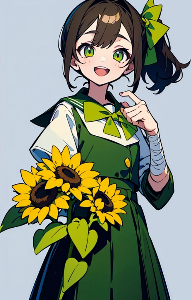 1 Girl，Brown side ponytail，Green eyes，bow tie，Sailor Suit，Holding a small sunflower flower，bandage on hands，Flat painting style，Simple background，beautiful eyes，Highest quality，Open mouth smile