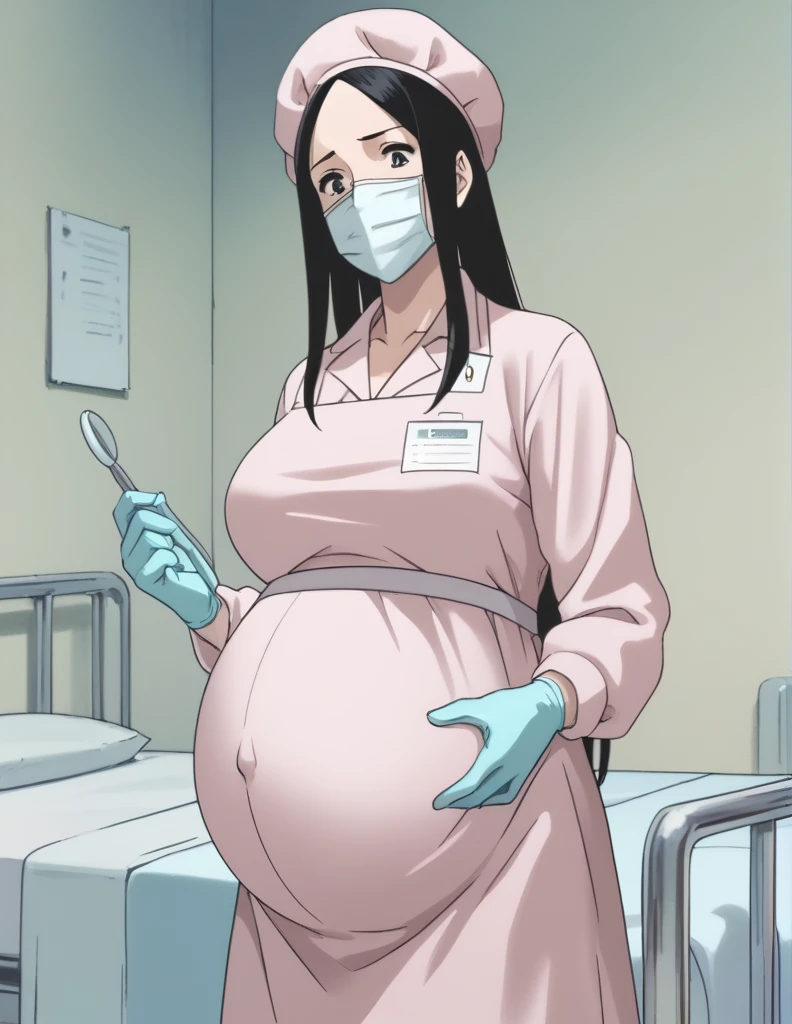 score_9,  score_8_up, score_7_up, source_anime, kasuganoray, pale skin, shy eyes, big breasts, long hair, scrubs, surgical mask, surgical cap, long sleeve maternity dress, apron without pockets, 
1girl, pregnant, solo, rubber gloves, looking down, furrowed brow, hospital bed, standing
