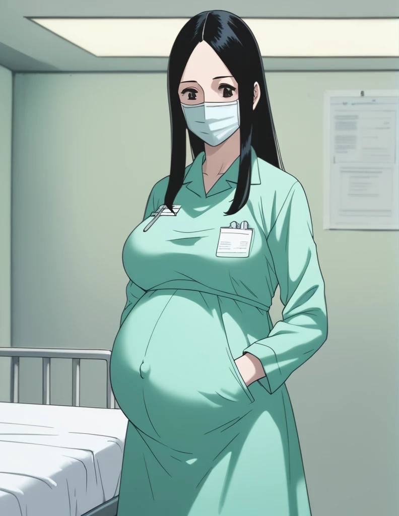 score_9, score_8_up, score_7_up, source_anime, kasuganoray, pale skin, shy eyes, big breasts, long hair, scrubs, surgical mask, surgical cap, long sleeve maternity dress, apron without pockets,
1girl, pregnant, solo, rubber gloves, looking down, furrowed brow, hospital bed, standing