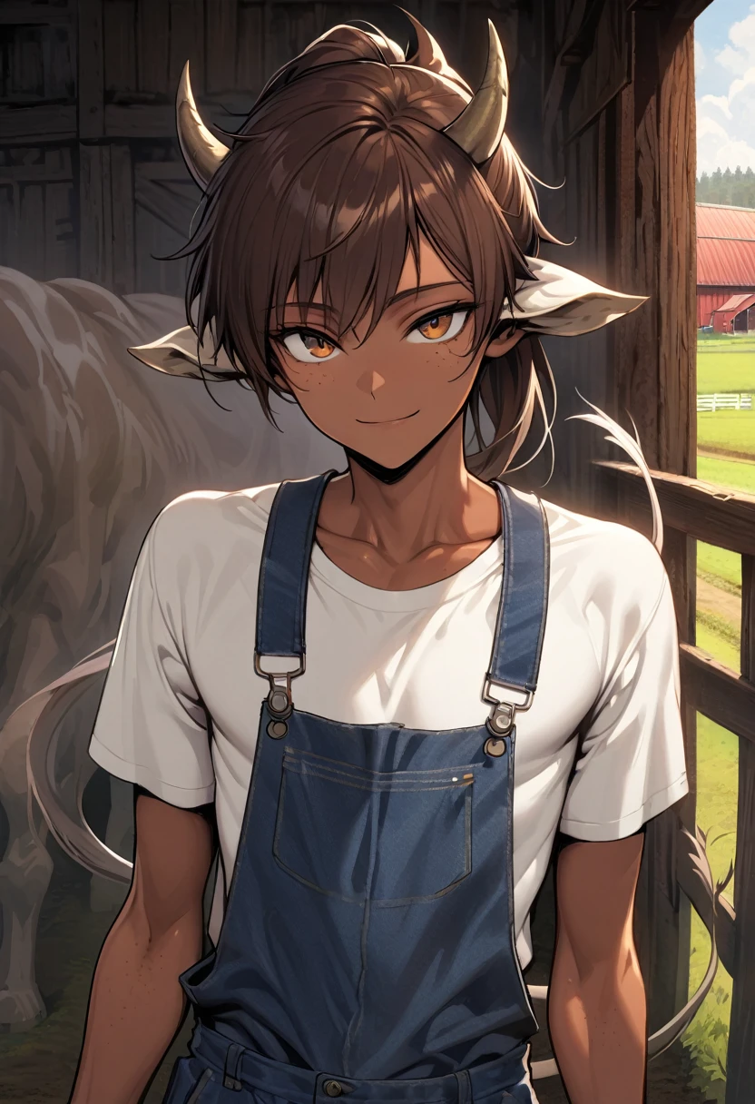 solo, male, broad shoulders, long bull horns, tan skin, long messy brown hair, brown eyes, young male, farm, overalls and shirt, fit, cow tail, slender, thin waist, friendly smile, huge crotch bulge, t-shirt, ponytail, barn, freckles, slender male, close up, cow ears