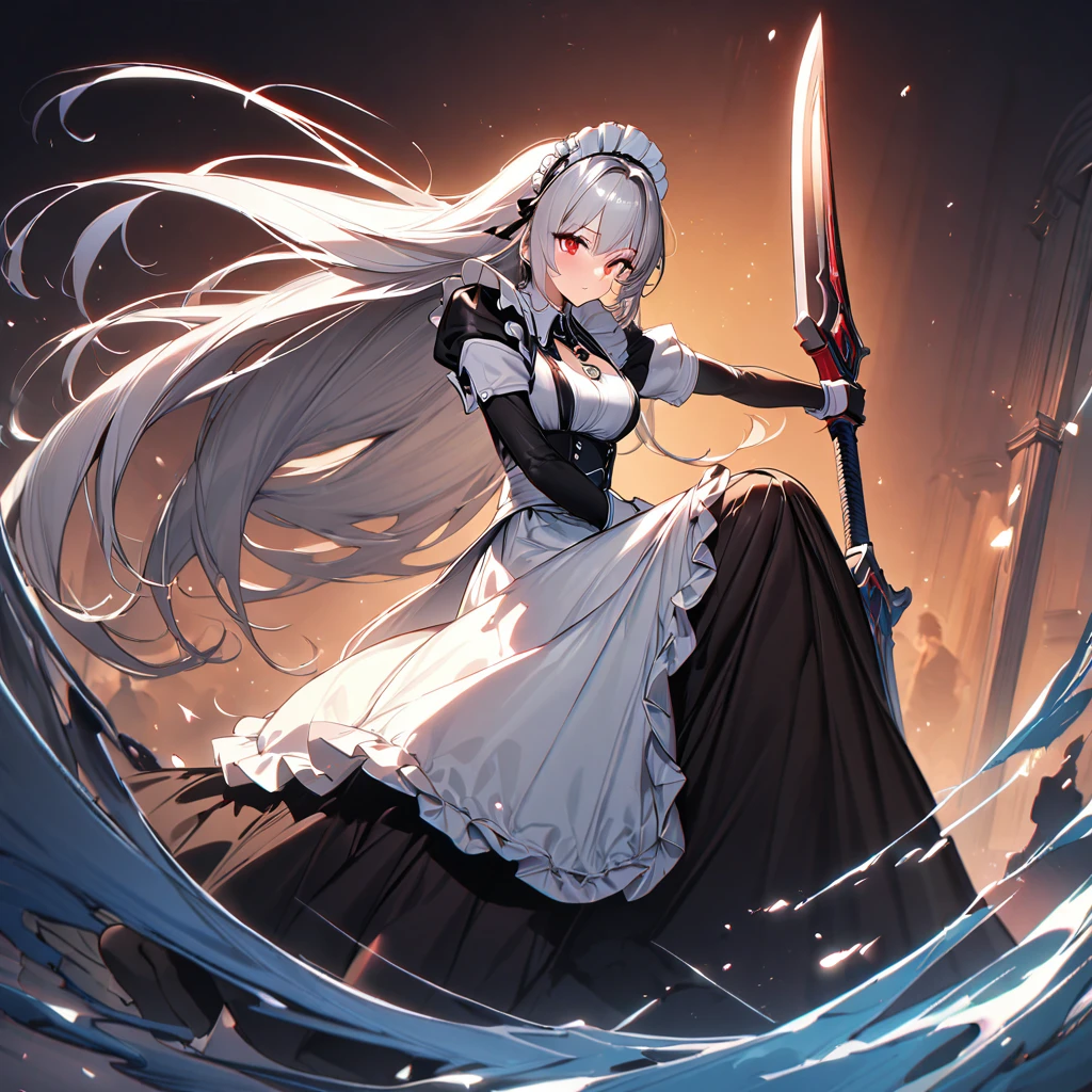 (masterpiece),(Highest quality),(Super detailed),(Best illustrations),(so beautiful), so beautiful長い脚,Silver Hair, Red eyes, Very long hair, pantyhose, Maid, headdress, apron, Long skirt,  holding weapon, huge sword, duel,
