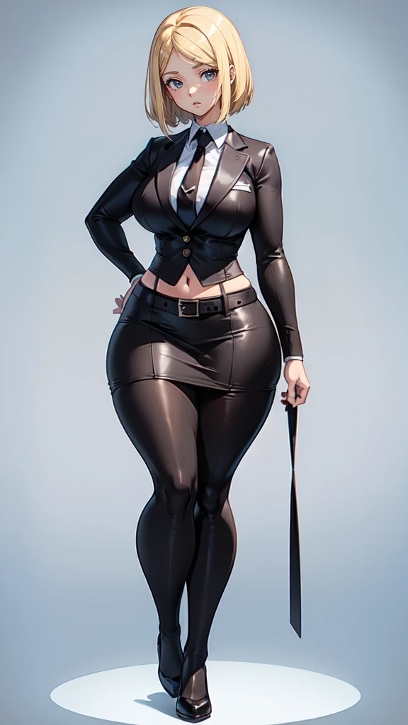blank background, (((full body))), (masterpiece), ((best quality)), ((tall girl)), straight hair (curvy:1.6), (very short skirt), shoes, belt below navel, blonde,  (black suit and tie)