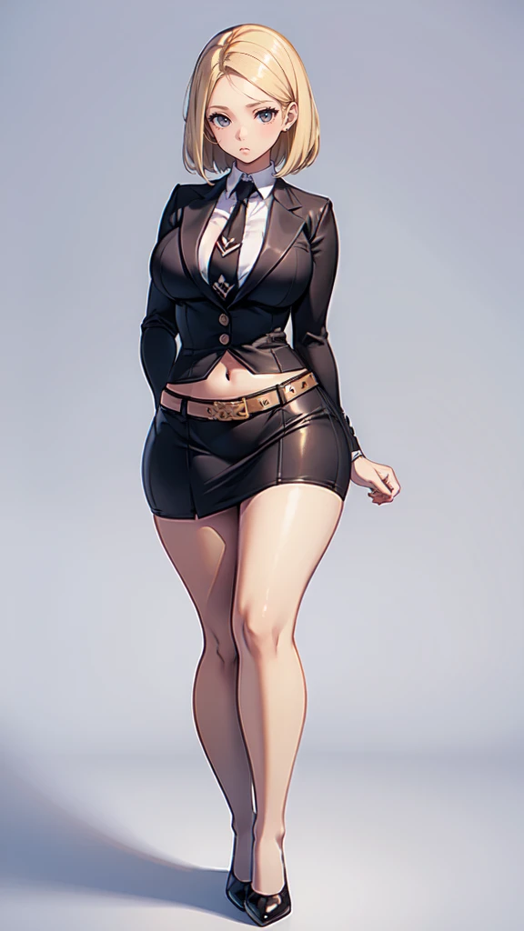 blank background, (((full body))), (masterpiece), ((best quality)), ((tall girl)), straight hair (curvy:1.6), (very short skirt), shoes, belt below navel, blonde, (black suit and tie)