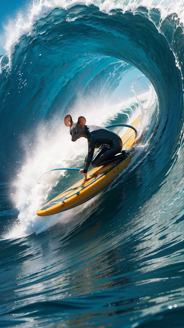 4K detailed photography. "A mouse surfing in a tube on a big ocean wave, full body, vivid colors, high definition, realistic."