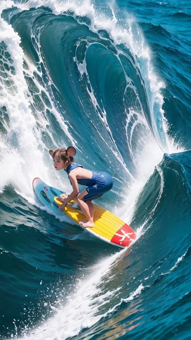 4K detailed photography. "A mouse surfing in a tube on a big ocean wave, full body, vivid colors, high definition, realistic."