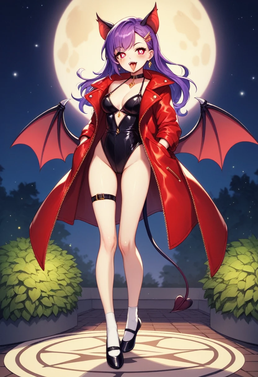 oc character design, Theme color is red, Beautiful image, 8k, The best image quality, tall and thin girl, long legs, elegant, White skin, slightly blushing, bat wing ears, gold hair clips, Thick purple hair, The character wears a tight-fitting short latex suit that covers his entire back., The clothing has two black straps of moderate length, the tail of the strap has a small golden circle, legs with white socks, ballerina slippers, The shoes are mainly red, the surface of the shoe is decorated with a small gold inverted star, the figure has a thin demon tail, the tail is black and red, standing, hands in jacket pocket, squinting slightly, the pupils are bright red, diamond-shaped pupils ♢, Open mouth, Open mouth sonriendo, slightly sticking out the tongue, the tongue is red, the expression is provocative, The background is a garden at night with night lights, bat wings on his back,