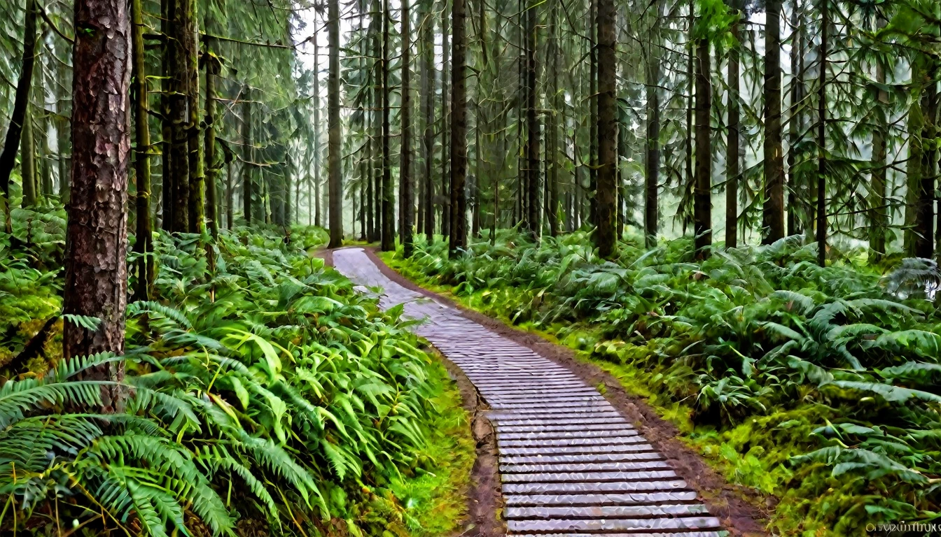 trail with bicycle tracks, dense forest, quiet day, lots of people in the area
