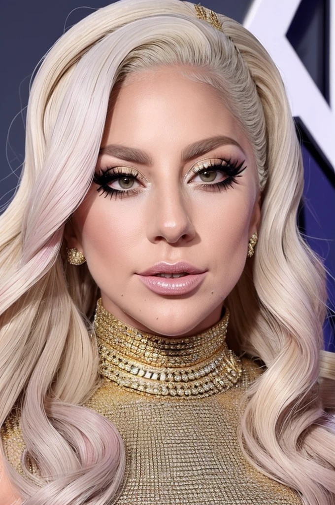 lady gaga wears heavy makeup, eyelashes studded with gold, Platinum wavy hair and sexy pink dress