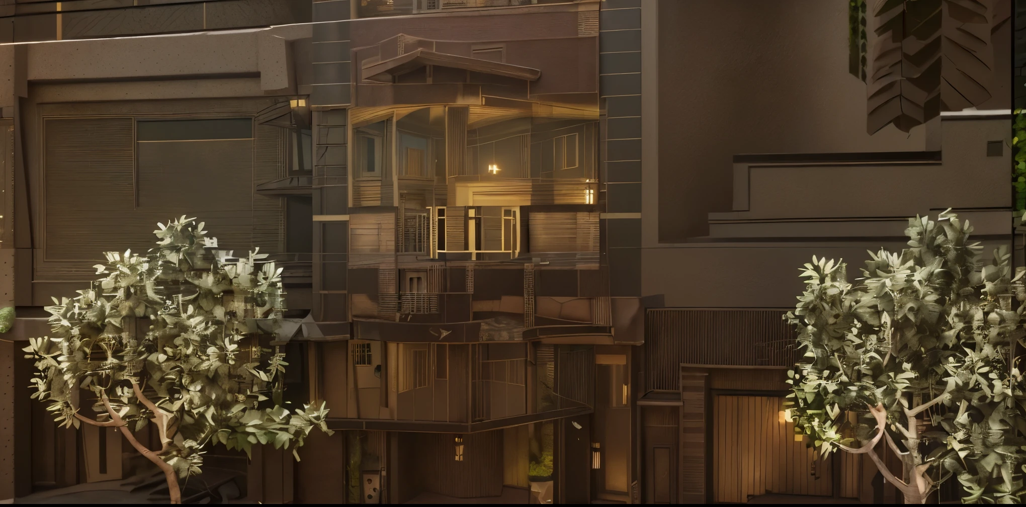 a nostalgic townhouse, front yard with lush greenery, ornate iron gate, detailed balcony with intricate ironwork, warm lighting, vintage aesthetic, cinematic composition, muted color palette, rich textures, photorealistic, 8k, highly detailed