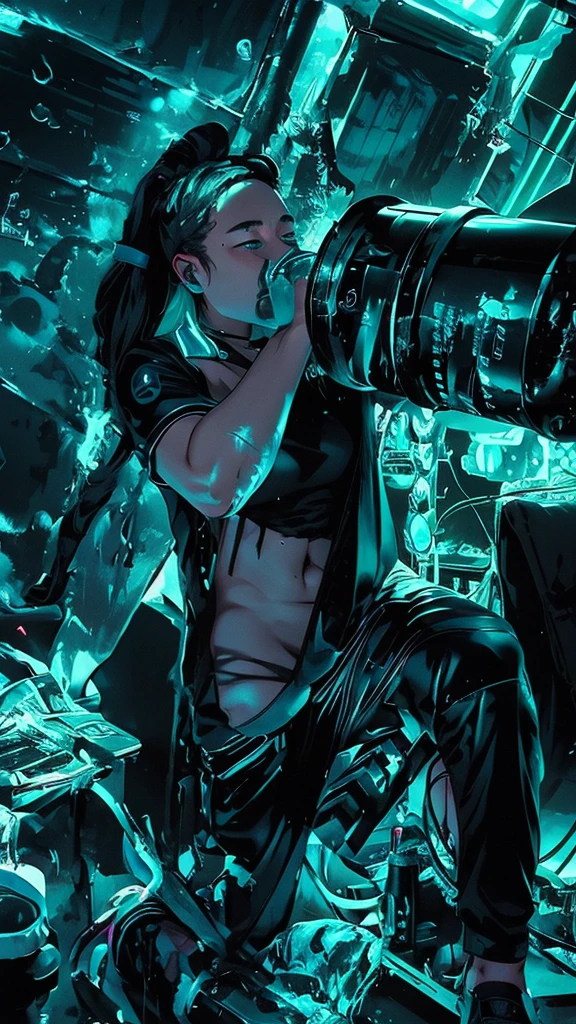 Cyberpunk style messy room. A strong man in black holds a huge bucket of water to drink,More neon. Many machines of unknown purpose. Large windows create an open feel. it's sunny outside. Hatsune Miku sitting on a chair..