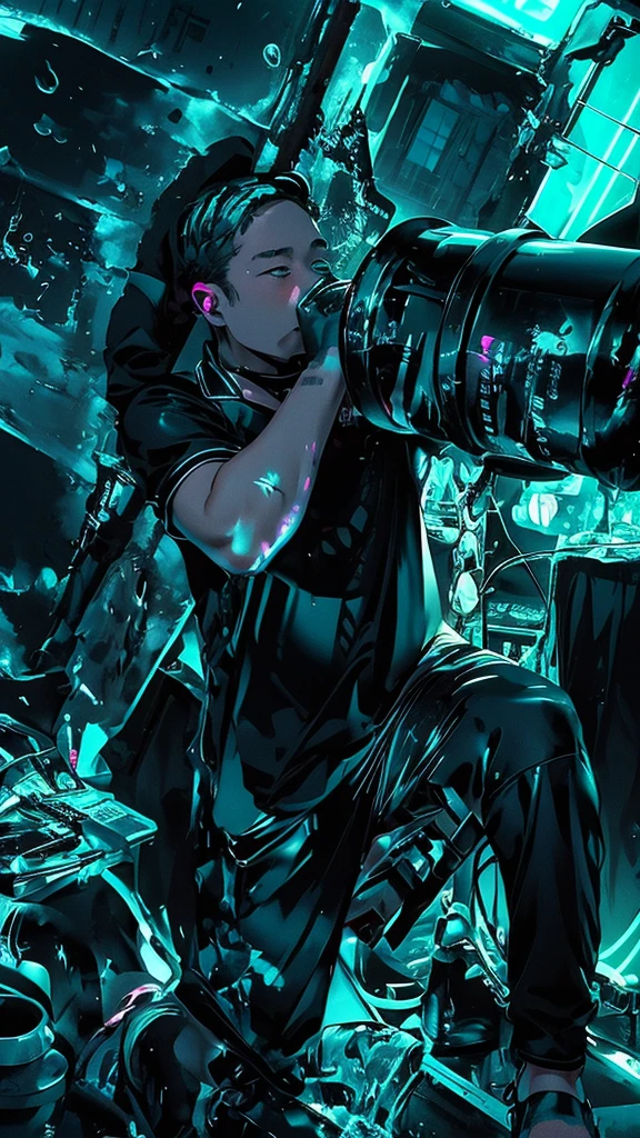 Cyberpunk style messy room. A strong man in black holds a huge bucket of water to drink,More neon. Many machines of unknown purpose. Large windows create an open feel. it's sunny outside. Hatsune Miku sitting on a chair..
