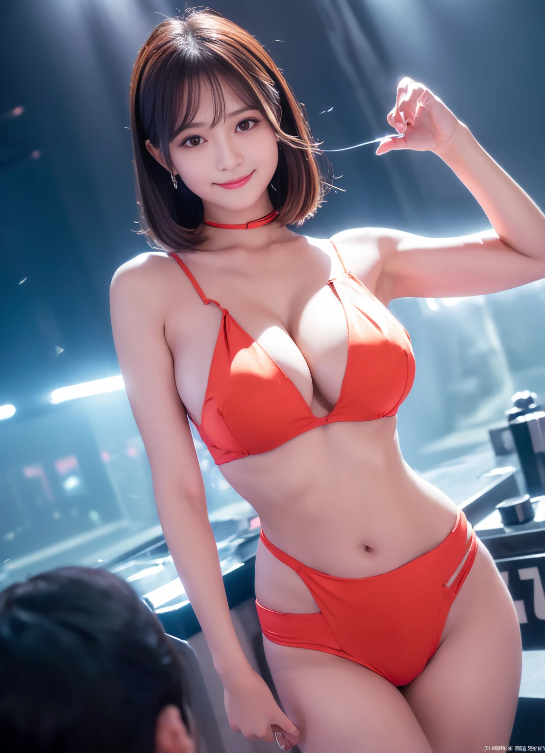 (((masterpiece，Highest quality，Ultra-high resolution)))，(((極めてdetailed，超detailed，detailed)))，(((Highest quality，8K，16K，super high quality)))，((Japanese，One Girl，Idol))，(slim，sexy，glamorous，Big Breasts，H Cup，Tight waist，Tight ass，length, Thin legs)，カーショーの特設ステージでレースクイーンがレーシングカーの前でsexyポーズを見せ観客を魅了))，(Indoor Event Hall，Giant screen，Gorgeous Lighting，Effects of dry ice，Light)，Looking into the camera，smile，Seductive gestures，