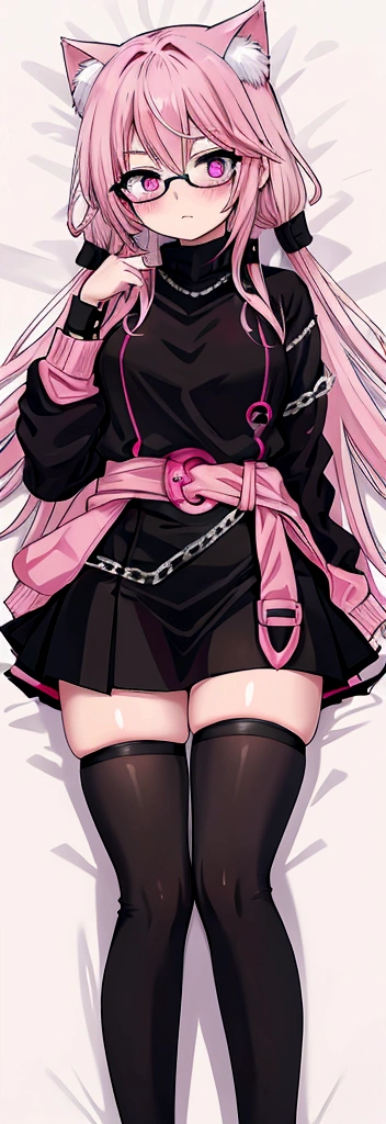 pink hair black glasses pink eyes extremely blushing a big pink sweater short black skirt at the waist chains black stockings be a reserved girl in your bed