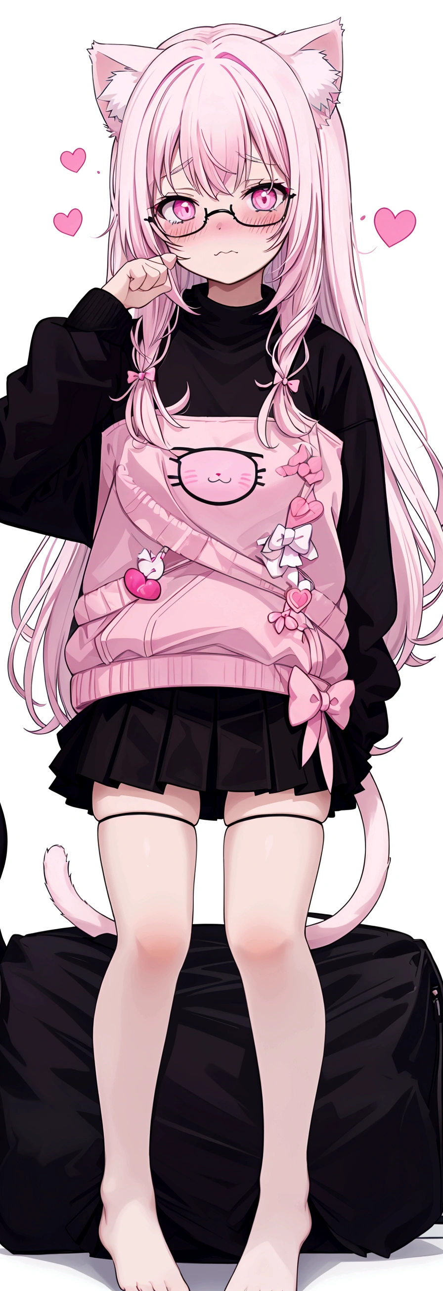 I have white pink hair, cat ears, a bow, my face is super blushing, black glasses, pink heart eyes, a big pink sweatshirt, a black skirt, black stockings, what's up, barefoot, a cat's tail, a girl Very shy
