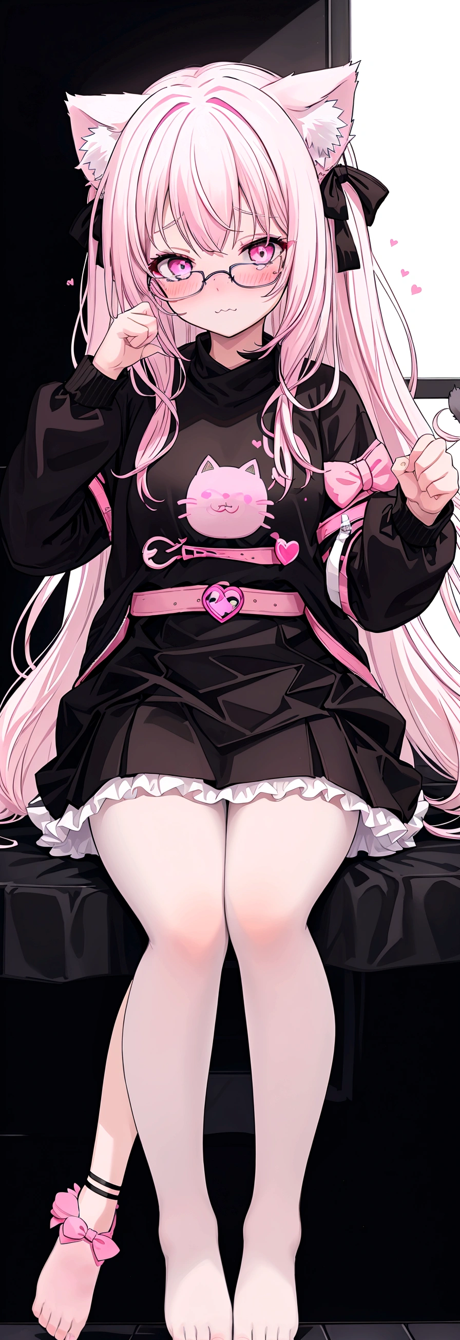 I have white pink hair, cat ears, a bow, my face is super blushing, black glasses, pink heart eyes, a big pink sweatshirt, a black skirt, black stockings, what&#39;s up, barefoot, a cat&#39;s tail, a girl Very shy