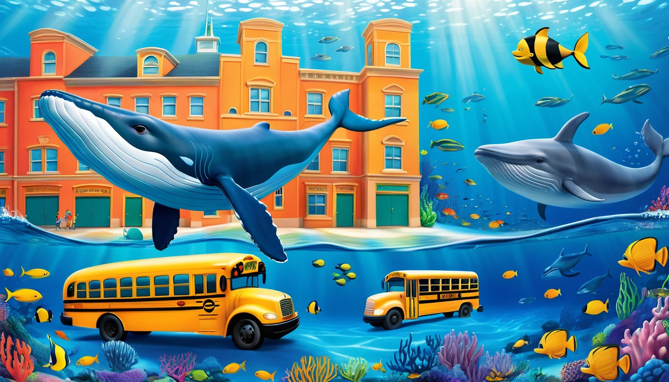 Create a 3-D Pixar style art scene for kids featuring a blue whale swimming beside three school buses for size comparison. The scene should be colorful and vibrant, with an ocean background, coral reefs, and schools of fish. The overall mood should be engaging and inviting for young children.