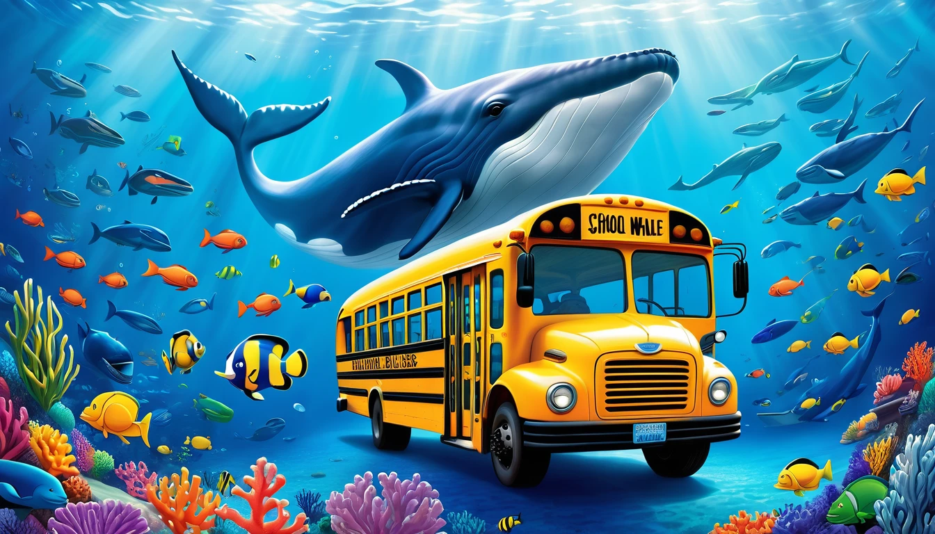 Create a 3-D Pixar style art scene for kids featuring a blue whale swimming beside three school buses for size comparison. The scene should be colorful and vibrant, with an ocean background, coral reefs, and schools of fish. The overall mood should be engaging and inviting for young children.