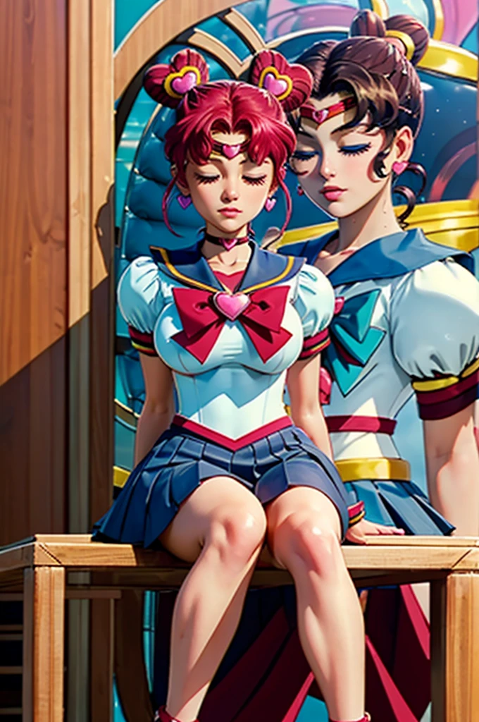(ultra realistic,32k, masterpiece:1.2),(high detailed skin:1.1),( high quality:1.1),
pikkychibichibi,(closed eyes:1.1), 1girl, jewelry, solo, heart, blue eyes, earrings, bow, brooch, heart brooch, hair bun, sailor collar, red hair, double bun, pink hair, skirt, sailor senshi uniform, magical girl, blue skirt,(looking at viewer, sitting, crossed legs:1.1),, huge breast,large breast,(radiant:1.1)