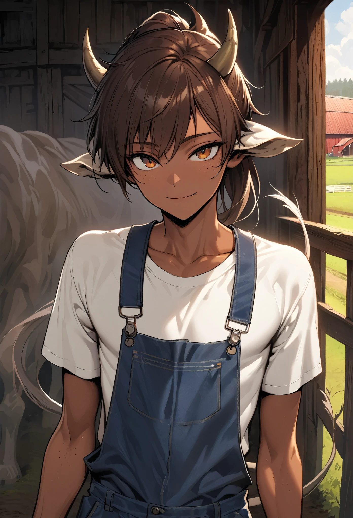 solo, male, broad shoulders, long bull horns, tan skin, long messy brown hair, brown eyes, young male, farm, overalls and shirt, fit, cow tail, slender, thin waist, friendly smile, huge crotch bulge, t-shirt, ponytail, barn, freckles, slender male, close up, cow ears