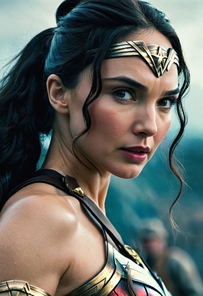 (((Extreme close-up of a beautiful mature woman Gal Gadot long black hair (((Diameter))),(((Hair gathered in a ponytail and abundant )))under the mantle of the Amazon warrior Wonder Woman images Surreal cinematographic HD images Color Splash))),(((Diameter))),(((Diameter Wonder Woman)),(((Front Images)))