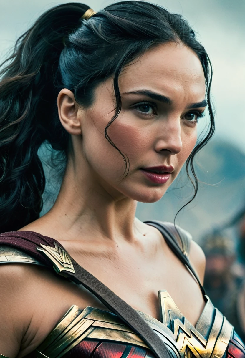 (((Extreme close-up of a beautiful mature woman Gal Gadot long black hair (((Diameter))),(((Hair gathered in a ponytail and abundant )))under the mantle of the Amazon warrior Wonder Woman images Surreal cinematographic HD images Color Splash))),(((Diameter))),(((Diameter Wonder Woman)),(((Front Images)))