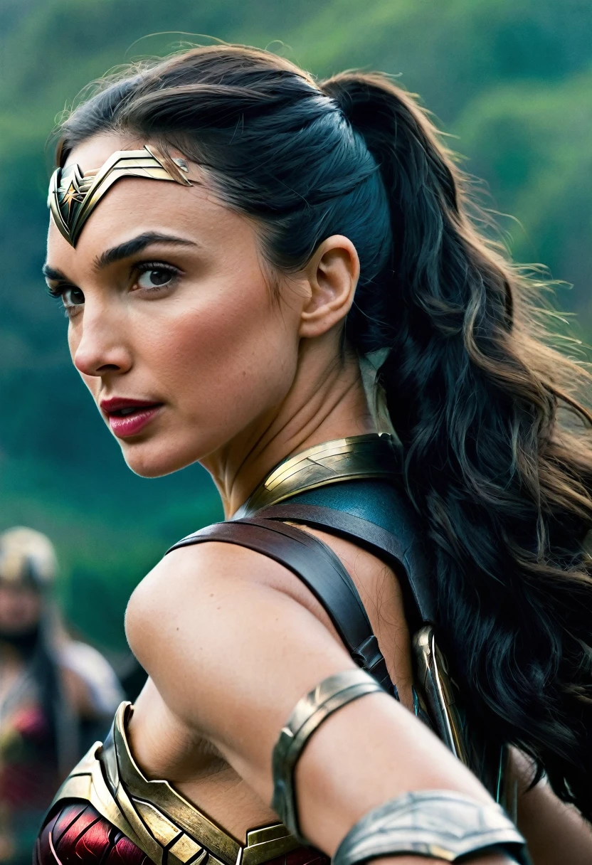 (((Extreme close-up of a beautiful  woman Gal Gadot long black hair (((Diameter))),(((Hair gathered in a ponytail and abundant )))under the mantle of the Amazon warrior Wonder Woman images Surreal cinematographic HD images Color Splash))),(((Diameter))),(((Diameter Wonder Woman)),(((Front Images)))