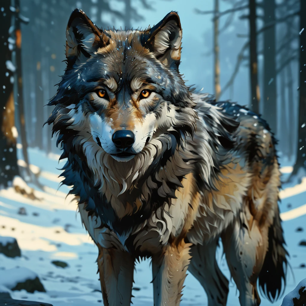 Masterpiece, best quality, ((Beautifully detailed Wolf)) (very detailed CG Unity 8k wallpaper), professional majestic oil paintings by Ed Blinky, Athea Gaylan, Studio Ghibli, Jeremy Mann, Greg Manchessa, Antonio Moro, popular on ArtStation, trending Midjourney and Greg Rutkowski CGSociety, intricate, high detail, clear focus, dramatic, realistic painting