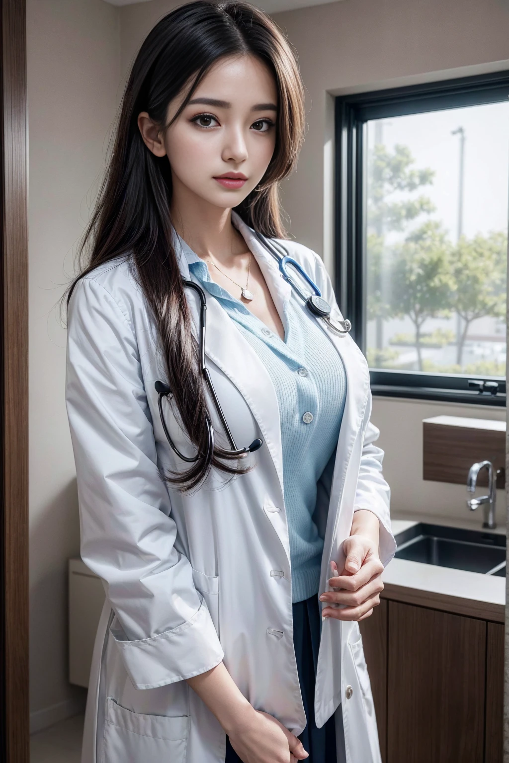 Realistic beautiful doctor、Stunning beauty、Doctor's white coat, Collared shirt、(Top quality、8K、32k、masterpiece、nffsw:1.3)、Ultra-high resolution,(Photorealistic:1.4),Original Photography, Delicate face,,Beautiful hair, ((Doctor style)), , Black tight skirt、 Natural Makeup,, Full breasts、Inside the hospital, Detailed background, Perfect lighting, Depth of Field, Beautiful shadow gradient,Stethoscope ,