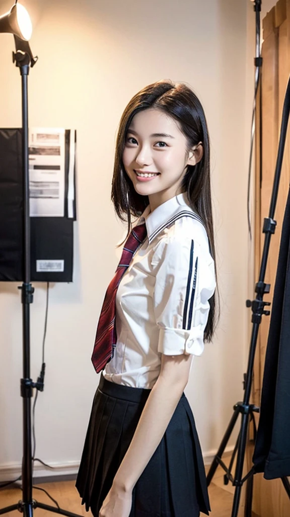 (Highest quality:1.5), (Real:1.4), (Ultra high definition:1.4), (No correction:1.4), (Skinny 18 year old girl), (Plain background), (1 Japanese very thin girl with flat chest in eighteen years old), (very thin body), skinny face, (Beautiful skin), (White blouse in school uniform:1.2), (School uniform black skirt:1.2), (girl is wearing  white blouse and  black skirt), (very thin girl is standing front plain back ground), (18yo very thin girl is standing front plain back ground in studio), (front view of a flat chest girl), Photo studio, (Upper Body), (smile), (Turn your body forward), (flat chest), (very thin)